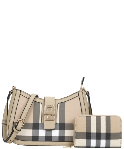 2in1 Fashion Plaid Design Curved Crossbody Bag with Wallet Set LM-2117-A KHAKI